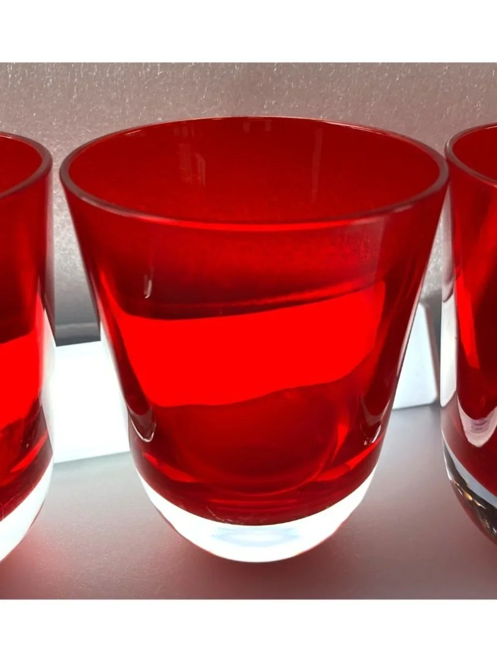 Set Of 4 Vintage Hand-Blown Red Glass Tumblers With Clear Bases - 4 Inches Tall